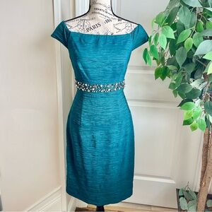 Eliza J Off Shoulder Textured Embellished Waist Sheath Dress Green Sz 8